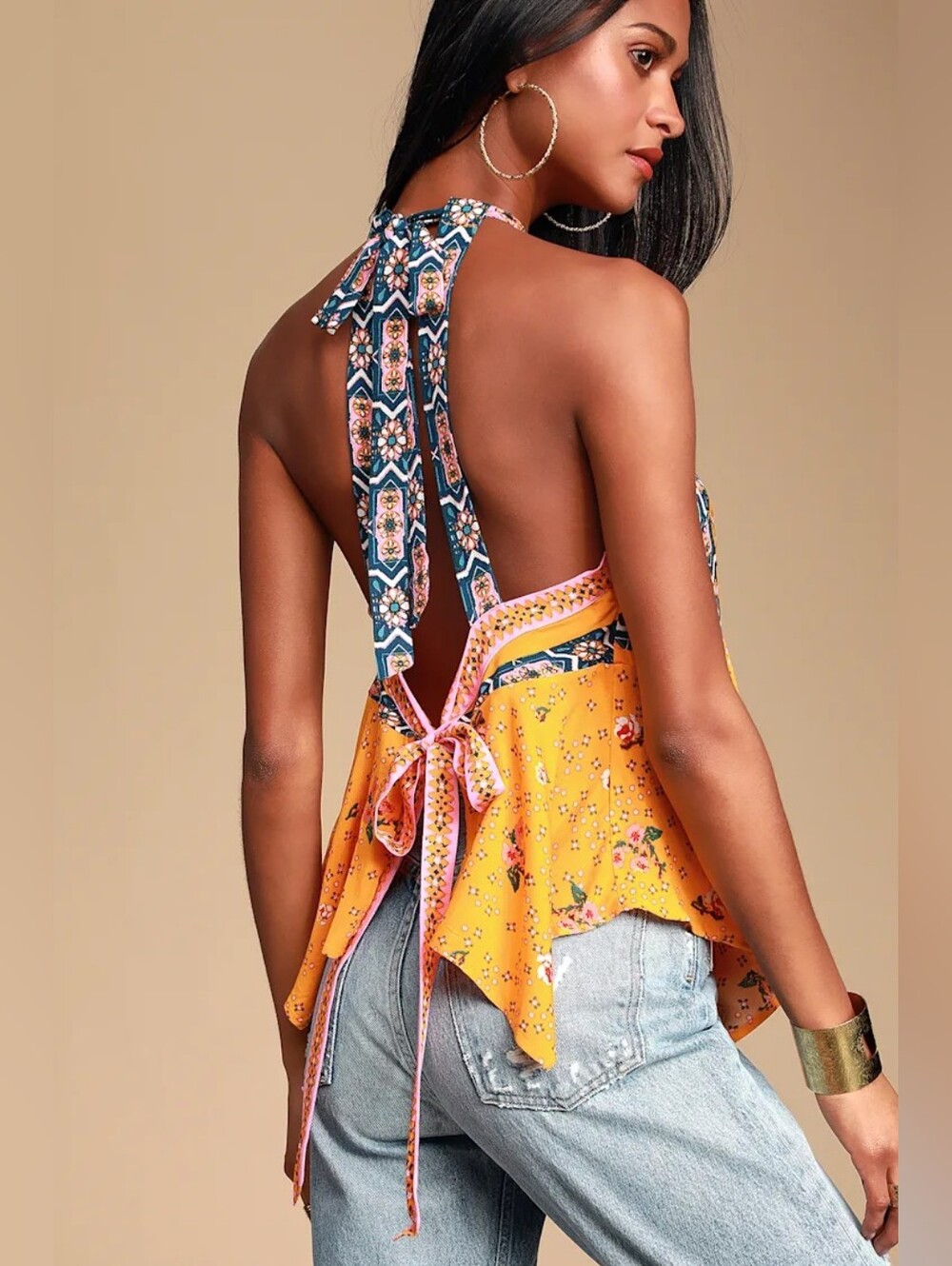 Free People Stunning Floral Halter Neck Yellow Open Back Top